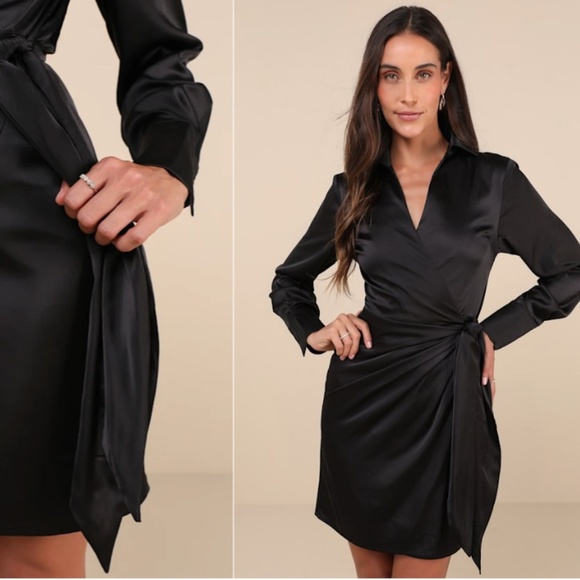 LULU's Sexy Chic Holiday Wedding Romantic Elegant Long Sleeve Satin Wrap Dress - Picture 2 of 5
